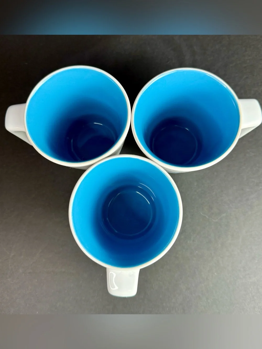 3 IKEA Hurrig Mugs White/Sky Blue Coffee Tea Cup Stackable Stick Handle Retired